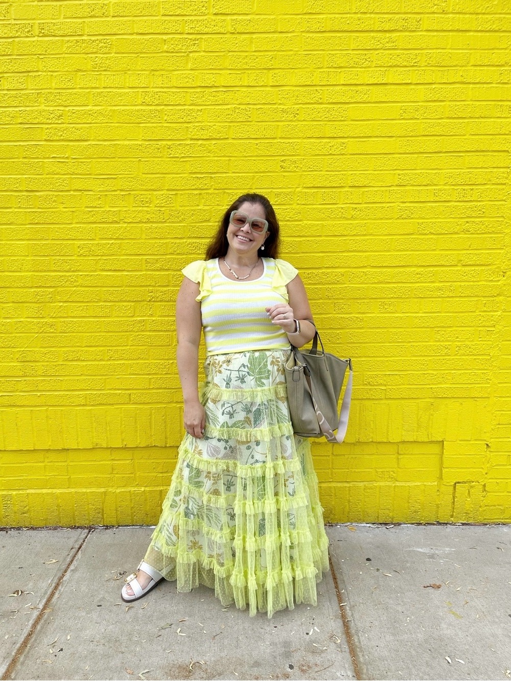 Lime Green Tiered Floral Mesh Maxi Skirt